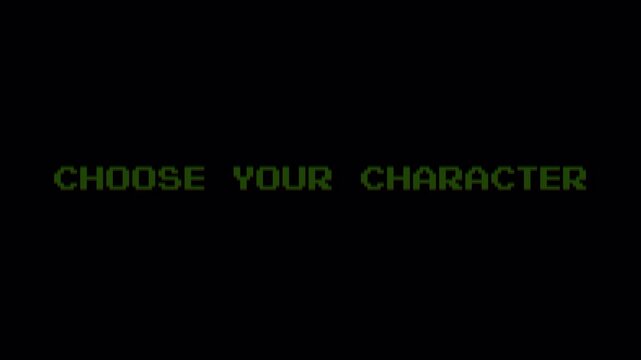 8 Bit Pixel Retro Text Animation, Green "Choose Your Character" Message Glitching on Black Background, Video Game Menu Interface Style Motion Graphic Loop