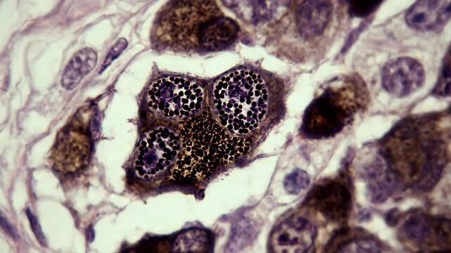 Microscopic View of Pigmented Melanocytes in Tissue Sample with Cellular Detail Under Brightfield Illumination Medical Diagnostic Close Up