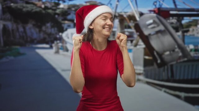 Woman wearing red shirt and santa hat clenches fists and smiles on street pier near boat and outboard motor, festive holiday scene; holiday joy.