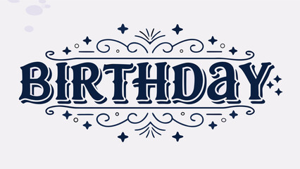 Birthday celebration text design with cheerful navy blue letters and decorative swirls on white background