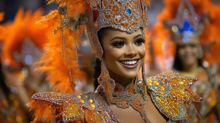 Carnival in Brazil Beaded costume. Young woman smiling in vibrant carnival costume with feathers  