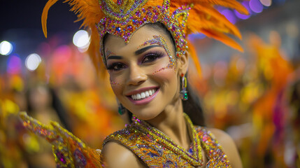Young woman smiling in colorful carnival costume at festival  