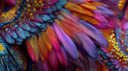 Vibrant feather details in rainbow colors with textured patterns. Carnival in Brazil Colorful feathers  