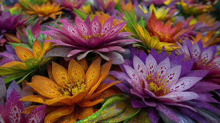 Carnival in Brazil Tropical flowers. Colorful water lilies blooming in vibrant shades of purple and orange  
