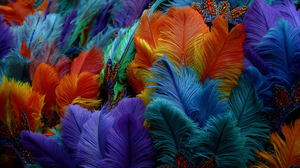 Carnival in Brazil Colorful feathers. Colorful feathers in vibrant hues for decorative use  