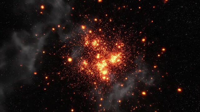 Fiery Explosion Sparks and Smoke Particles in Dark Space Cinematic Burning Embers Abstract Fire Background 4K UHD