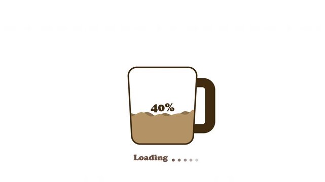 Coffee loading animation symbolizing progress and energy. Liquid fill effect in glass mug on loading bar. Smooth looping 4K video with alpha channel.
