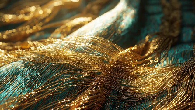 Golden threads intricately woven on blue fabric create luxurious texture and pattern.