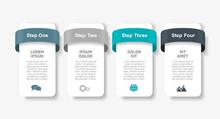 Modern 4-step infographic with gradient ribbons, icons, and text blocks perfect for business processes, presentations, or educational content. Vector illustration.