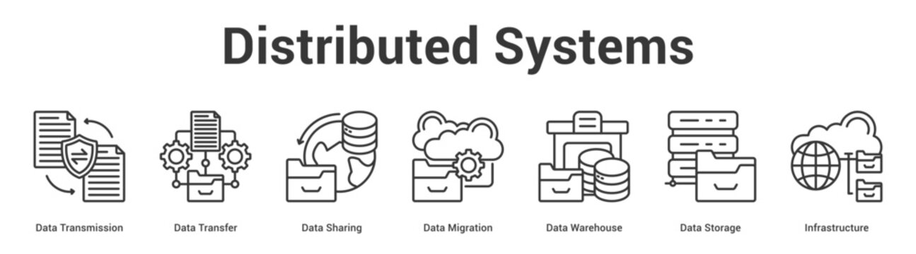 Distributed Systems web banner icon set vector illustration concept for business with icon of Data Transmission, Data Transfer, Data Sharing, Data Migration, Data Warehouse, D.