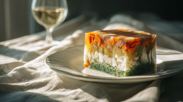 Gourmet vegetable aspic terrine featuring colorful layers of carrots potatoes and fresh greens served on a white plate with a glass of white wine in a bright airy setting for a luxury dining concept