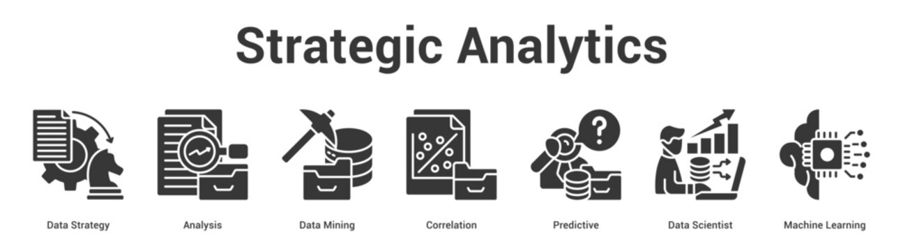 Strategic Analytics web banner icon set vector illustration concept for business with icon of Data Strategy, Analysis, Data Mining, Correlation, Predictive, Data Scienti.