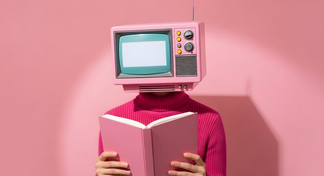 A person with a vintage television for a head reading a pink book in front of a matching pink background