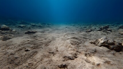 Obraz premium Serene underwater view of a clear blue ocean showing a sandy seabed with scattered rocks and gentle light filtering from above