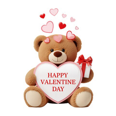 Brown Teddy Bear with &ldquo;Happy Valentine Day&rdquo; Heart and Gift on White Background &mdash; Festive, Whimsical, Affectionate &mdash; Ideal for Greeting Cards,PNG.
