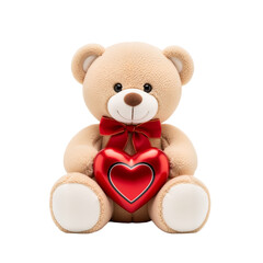 Beige Teddy Bear Holding Red Heart on White Background &mdash; Sweet, Nostalgic, Loving &mdash; Perfect for Valentine&rsquo;s Day, Gift Branding, or Heartfelt Sentiment Marketing.
