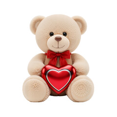 Beige Teddy Bear Holding Red Heart on White Background &mdash; Sweet, Nostalgic, Loving &mdash; Perfect for Valentine&rsquo;s Day, Gift Branding, or Heartfelt Sentiment Marketing.
