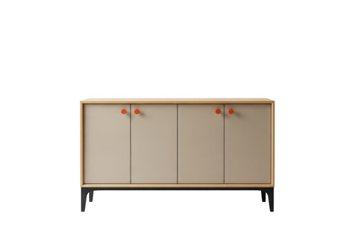 Modern minimalist sideboard with red knobs and beige doors isolated on transparent background
