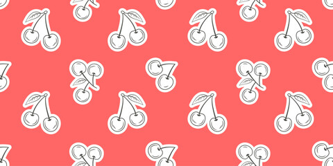 Vibrant cherry pattern with white outlines and playful details on a coral background