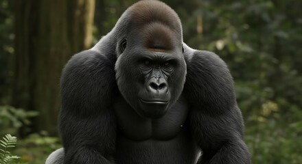 Obraz premium Powerful Silverback Gorilla Staring Intensely in Lush Green Forest.
