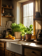 Bright kitchen scene featuring fresh herbs and lemons on wooden countertop, sunlight streaming through window, creating a warm and inviting atmosphere for culinary inspiration and home cooking