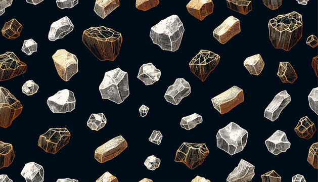 seamless barite ore rocks pattern in white and gold on a dark background