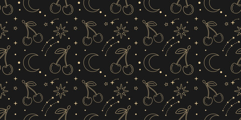 Mystical cherry and celestial pattern with stars and moons on a dark night sky