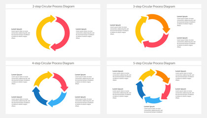 Colorful circular process diagram templates displaying 2-step 3-step 4-step and 5-step workflow options with text placeholders. Clipart image isolated on background.