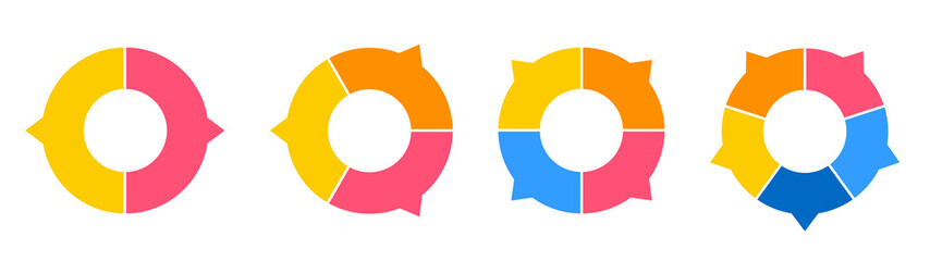 Set of colorful donut-shaped arrow diagrams in various stages of division. Clipart image isolated on background.