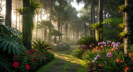 Obraz premium Lush Tropical Garden Path with Vibrant Flowers and Towering Palms.