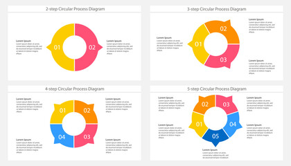 Collection of multi-step circular process diagram templates in various colors. Clipart image isolated on background.
