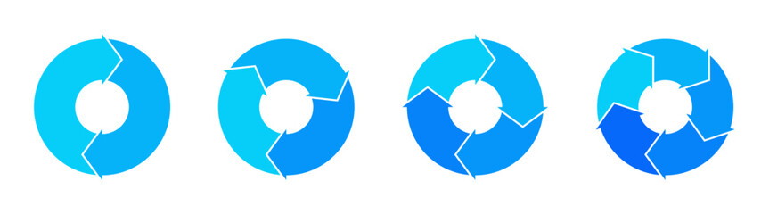 Set of blue circular flow diagrams with two three four five arrows indicating cyclical processes. Clipart image isolated on background.