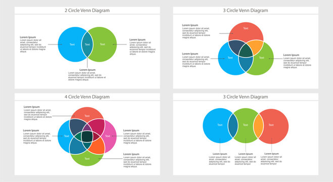 Colorful Venn diagram templates with 2 3 and 4 circles for presentation and data visualization in vector format. Clipart image isolated on background.