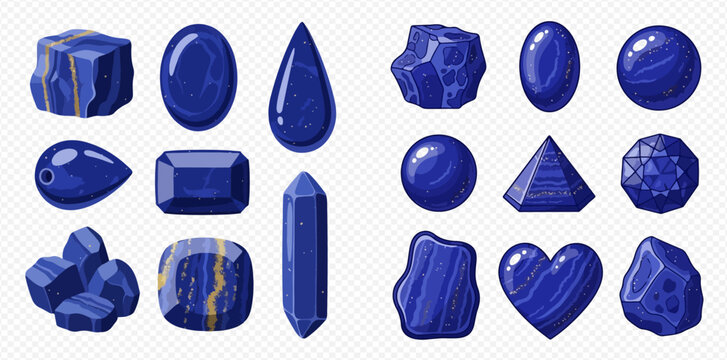Collection of various blue lapis lazuli gemstones in different shapes and cuts, including raw stones, polished cabochons, and faceted gems.