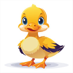 Adorable cartoon duckling standing on white background with vibrant yellow feathers and blue eyes d2.eps