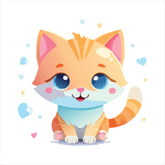 Adorable cartoon cat with big blue eyes and orange fur surrounded by hearts in a whimsical illustration