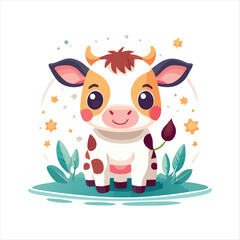 A cartoon cow stands surrounded by stars and plants in a whimsical landscape illustration d11.eps
