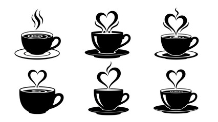 Obraz premium Simple vector collection of hot coffee and tea cups with rising steam forming romantic heart shapes representing love warmth and morning pleasure