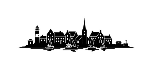 Silhouette of Coastal Town with Lighthouse