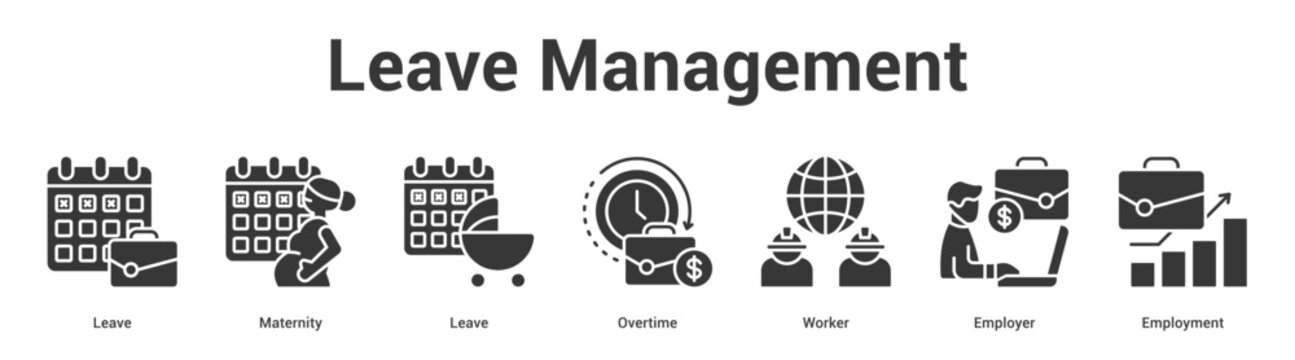 Leave Management web banner icon set vector illustration concept for business with icon of Leave, Maternity, Leave, Overtime, Work.
