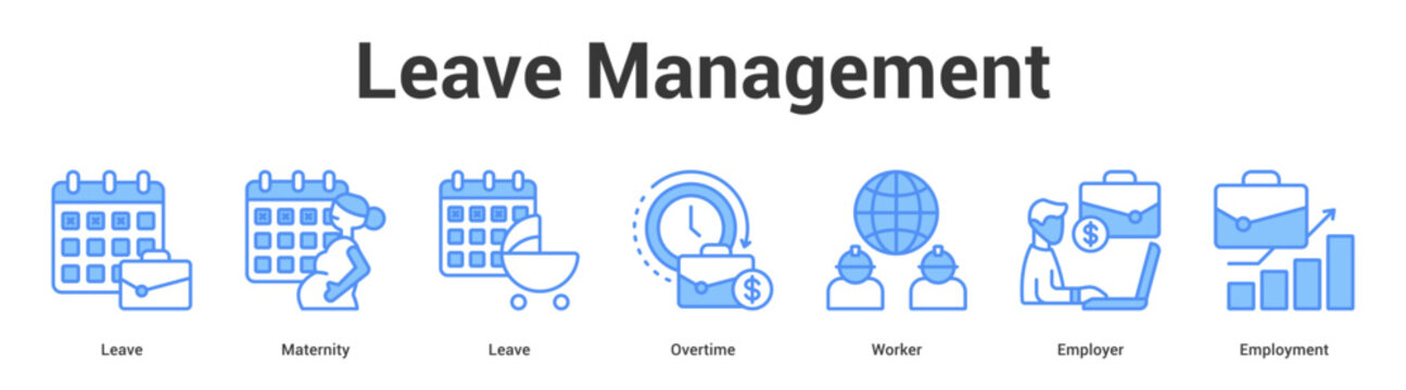Leave Management web banner icon set vector illustration concept for business with icon of Leave, Maternity, Leave, Overtime, Work.