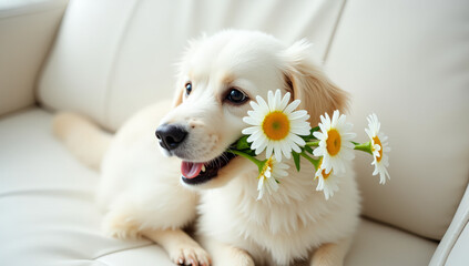 a white puppy with a bouquet of daisies on the couch