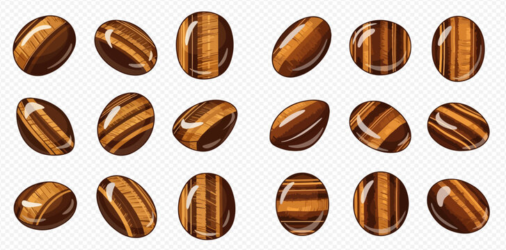 Set of natural tiger eye stones in various shapes and angles, isolated on a transparent background.