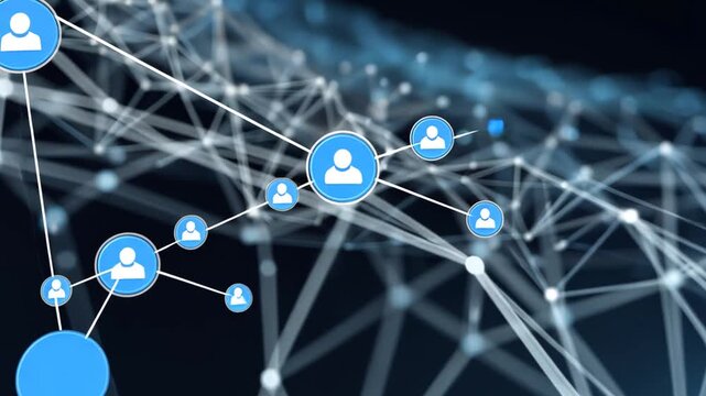 Complex network connections centered around a user icon in a digital landscape illustration