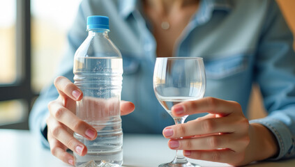 in the hands of a bottle and a glass of water