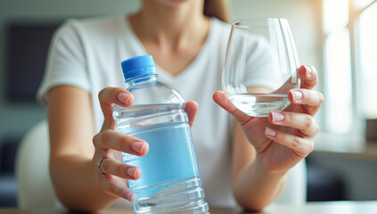 in the hands of a bottle and a glass of water