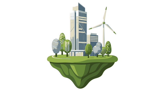 Eco friendly cityscape with wind turbine and skyscrapers on green floating island