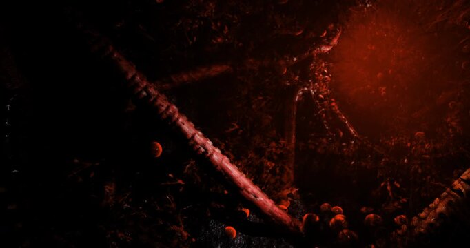 Swirling dark red patterns create a captivating effect, resembling a vibrant yet eerie atmosphere. Organic shapes and light interplay manifest intriguing visual depth and movement.