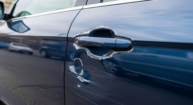 Damaged car door with scratches and dents on dark blue vehicle