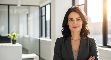 Obraz premium Confident Businesswoman Standing with Arms Crossed in Modern Office via RJ Whisk Auto